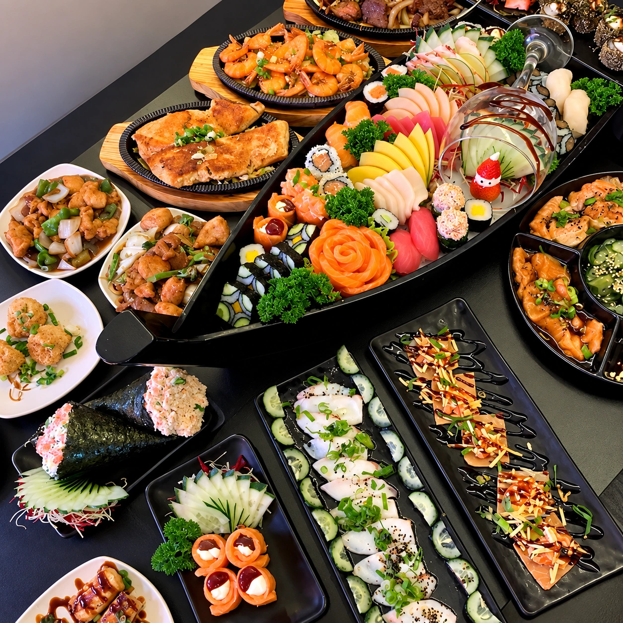 Mesa com variedade de sushis, sashimis e pratos quentes do Sushi Amador Bueno